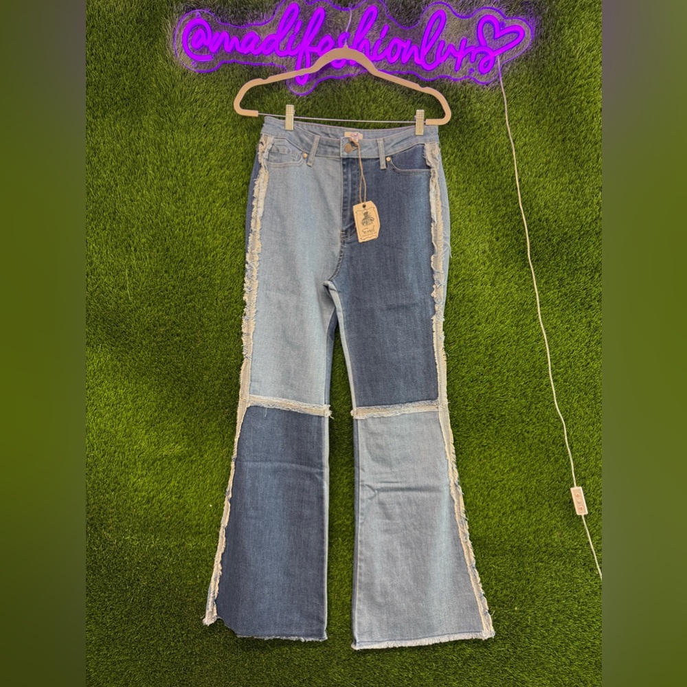 easel Two-Tone Patchwork Flare Jeans in Light & Dark Blue